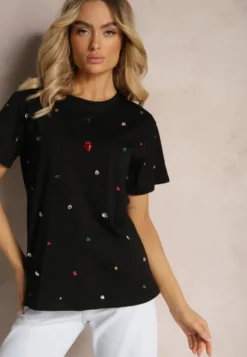 Czarny T-shirt z Cyrkoniami w Różnych Kolorach Varcia