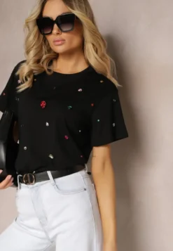 Czarny T-shirt z Cyrkoniami w Różnych Kolorach Varcia