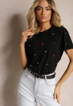 Czarny T-shirt z Cyrkoniami w Różnych Kolorach Varcia
