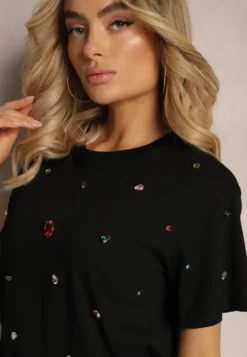 Czarny T-shirt z Cyrkoniami w Różnych Kolorach Varcia