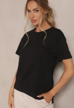 Czarny T-shirt z Dłuższym Tyłem Zdobiony Haftem Ninilla
