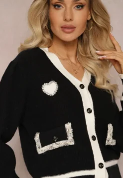 Czarny Wiskozowy Sweter Kardigan z Kontrastową Lamówką i Naszywkami Narjee