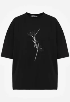 Czarny Wiskozowy T-shirt Ozdobiony Kwiatami i Perełkami Muvine