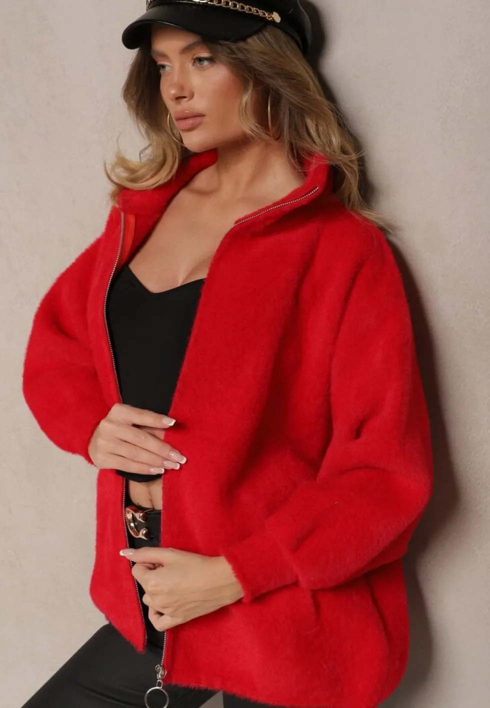 Czerwona Bluza z Wełną ze Ściągaczami i Kołnierzykiem Enadelis