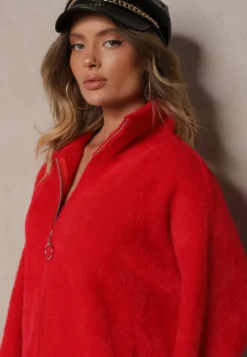 Czerwona Bluza z Wełną ze Ściągaczami i Kołnierzykiem Enadelis