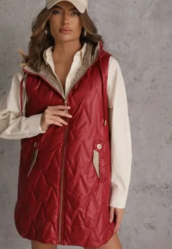 Czerwona Długa Kamizelka Pikowana z Nieodpinanym Kapturem Semaea