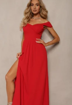 Czerwona Elegancka Długa Sukienka Hiszpanka Wykończona Rozcięciem na Dole Idelia