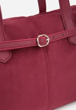 Czerwona Elegancka Torebka Shopper Bag o Fakturze Zamszu z Paskiem z Klamerką Mudrey