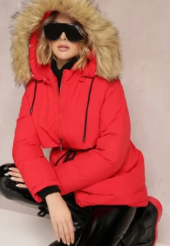 Czerwona Kurtka Parka z Kapturem z Futerkiem Bimi