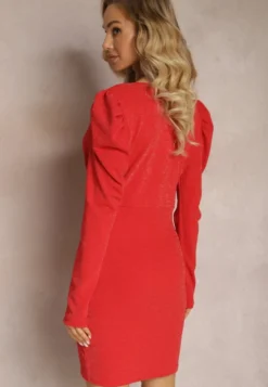 Czerwona Połyskująca Sukienka Kopertowa Mini z Marszczeniem Fioras