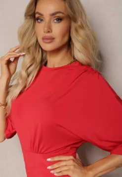 Czerwona Sukienka Mini ze Ściągaczem i Rękawem Typu Nietoperz Yarleta