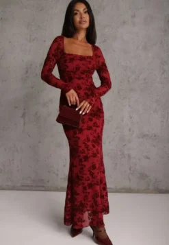Czerwona Sukienka VICES Bodycon z Siateczki Ozdobionej Wzorem w Kwiaty Rivita