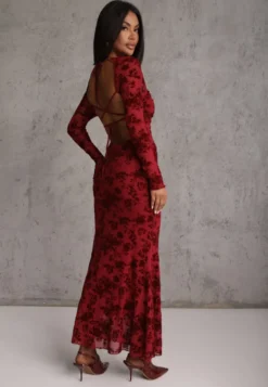 Czerwona Sukienka VICES Bodycon z Siateczki Ozdobionej Wzorem w Kwiaty Rivita