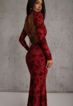 Czerwona Sukienka VICES Bodycon z Siateczki Ozdobionej Wzorem w Kwiaty Rivita