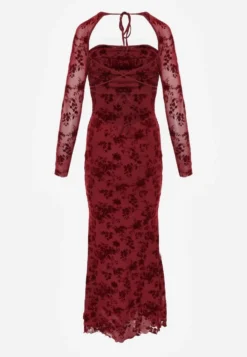 Czerwona Sukienka VICES Bodycon z Siateczki Ozdobionej Wzorem w Kwiaty Rivita
