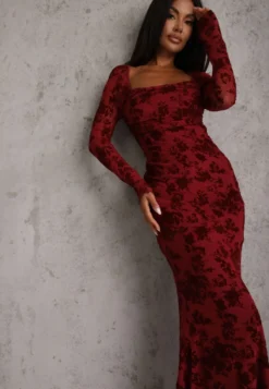 Czerwona Sukienka VICES Bodycon z Siateczki Ozdobionej Wzorem w Kwiaty Rivita
