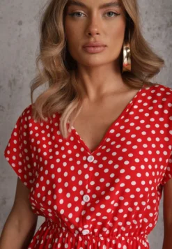 Czerwona Sukienka z Bawełny o Rozkloszowanym Kroju z Gumką w Talii Emilla