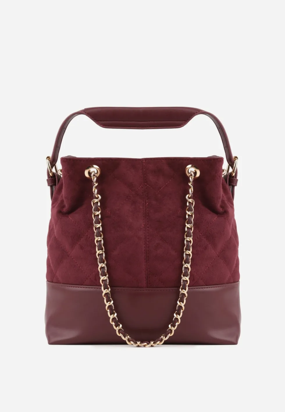 Czerwona Torebka Bucket Bag z Przeszyciami w Romby z Rączką i Uchwytami z Łańcuszkiem Denidora