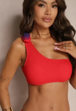 Czerwone Bikini 2-Częściowe Asymetryczny Stanik i Majtki z Aplikacjami Kwiatu Namsilea