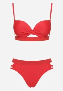 Czerwone Bikini z Ozdobnymi Wycięciami Wiązany Biustonosz i Majtki Figi Kinessa