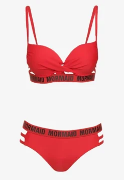 Czerwone Bikini z Supełkiem na Biustonoszu z Ozdobnymi Paseczkami i Napisami Bibalia