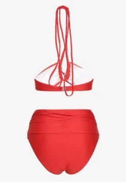Czerwone 2-Częściowe Bikini Stanik Zapinany przy Szyi z Wiązaniem Figi z Wysokim Stanem Nanselian