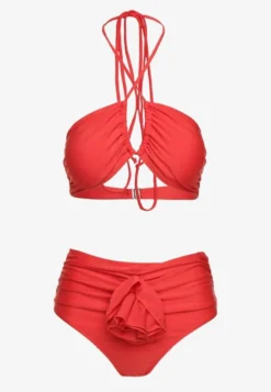 Czerwone 2-Częściowe Bikini Stanik Zapinany przy Szyi z Wiązaniem Figi z Wysokim Stanem Nanselian