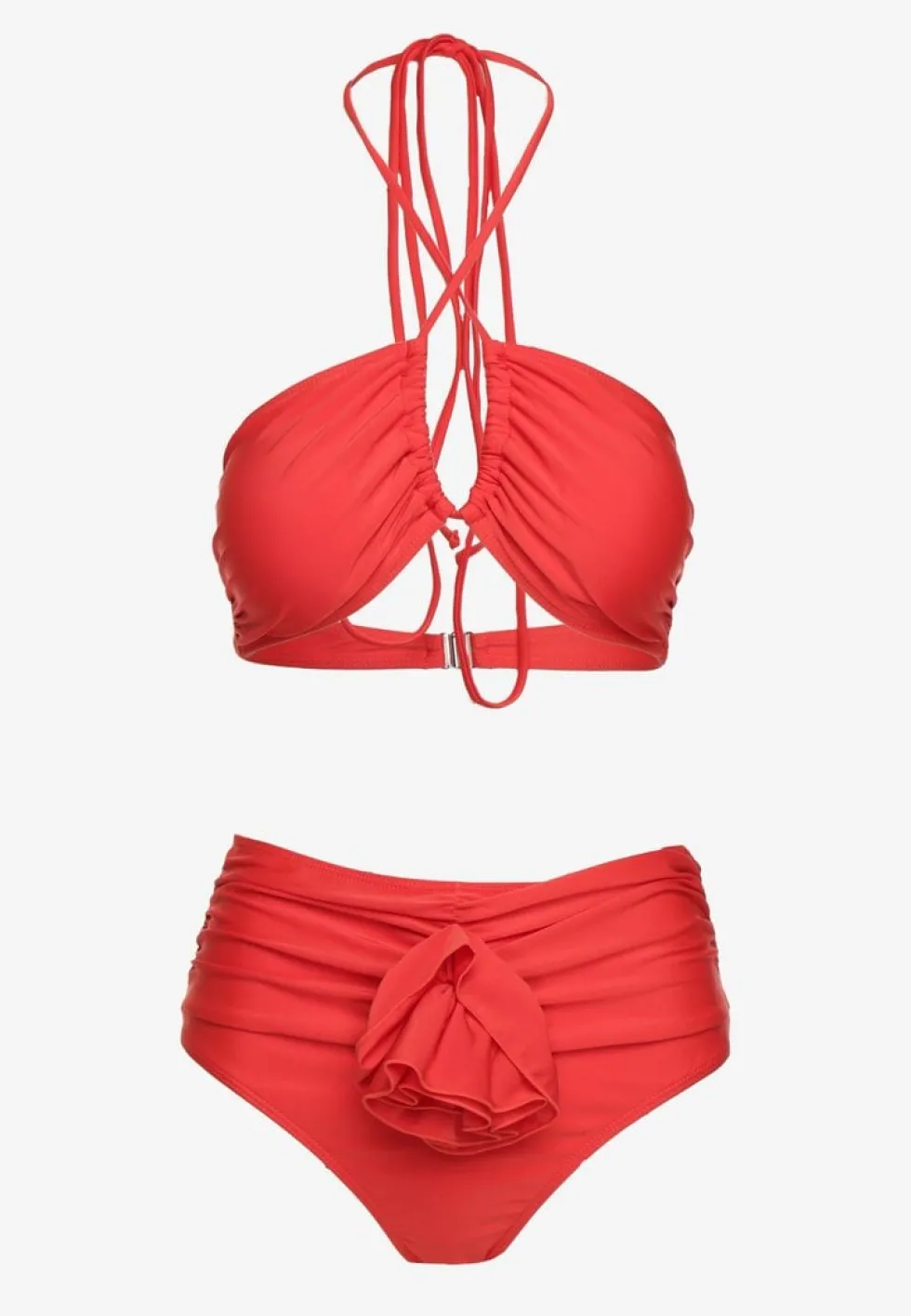 Czerwone 2-Częściowe Bikini Stanik Zapinany przy Szyi z Wiązaniem Figi z Wysokim Stanem Nanselian