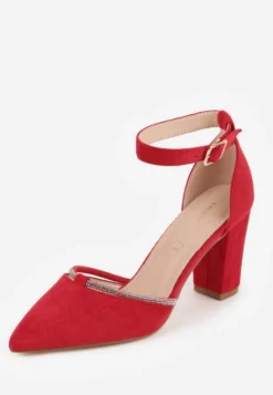 Czerwone Eleganckie Czółenka Vices ze Skórzaną Wkładką i Cyrkoniami Sarirra