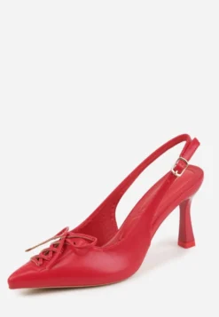 Czerwone Szpilki Slingback VICES Zdobione Gorsetowym Wiązaniem z Kokardą Azimuna
