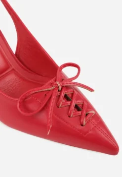 Czerwone Szpilki Slingback VICES Zdobione Gorsetowym Wiązaniem z Kokardą Azimuna