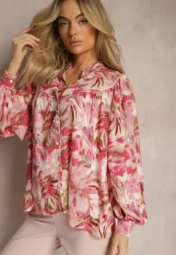 Czerwono-Różowa Koszula z Szerokimi Rękawami we Florystyczny Print Letossa