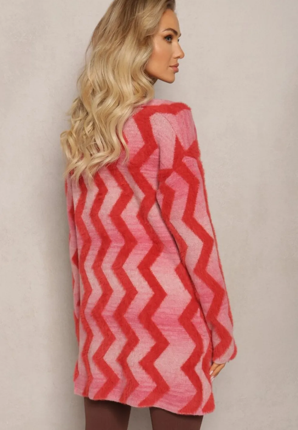 Czerwony Luźny Kardigan Niezapinany w Geometryczny Print Sheshy