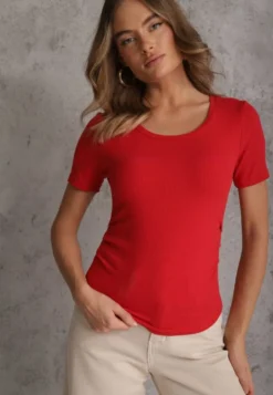 Czerwony T-shirt w Prążki z Marszczeniami po Bokach Nedala