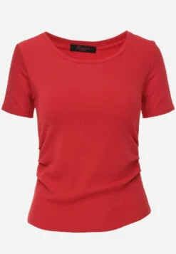 Czerwony T-shirt w Prążki z Marszczeniami po Bokach Nedala