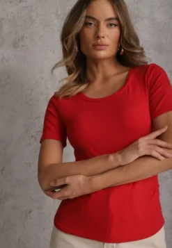 Czerwony T-shirt w Prążki z Marszczeniami po Bokach Nedala