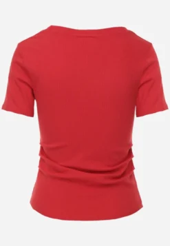 Czerwony T-shirt w Prążki z Marszczeniami po Bokach Nedala