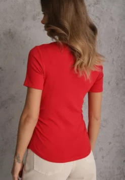 Czerwony T-shirt w Prążki z Marszczeniami po Bokach Nedala