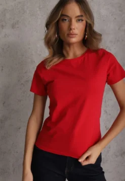 Czerwony T-shirt z Bawełny z Okrągłym Dekoltem Nedima