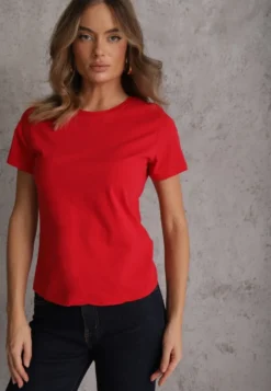 Czerwony T-shirt z Bawełny z Okrągłym Dekoltem Nedima