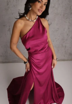 Fioletowa Elegancka Sukienka na Jedno Ramię o Asymetrycznym Fasonie Leylane