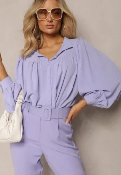 Fioletowa Koszula ze Stójką Inspirowana Stylem Retro Bubiana