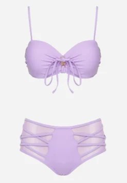 Fioletowe Bikini Biustonosz i Majtki Figi High Waist z Siateczkowymi Zdobieniami Kinovia