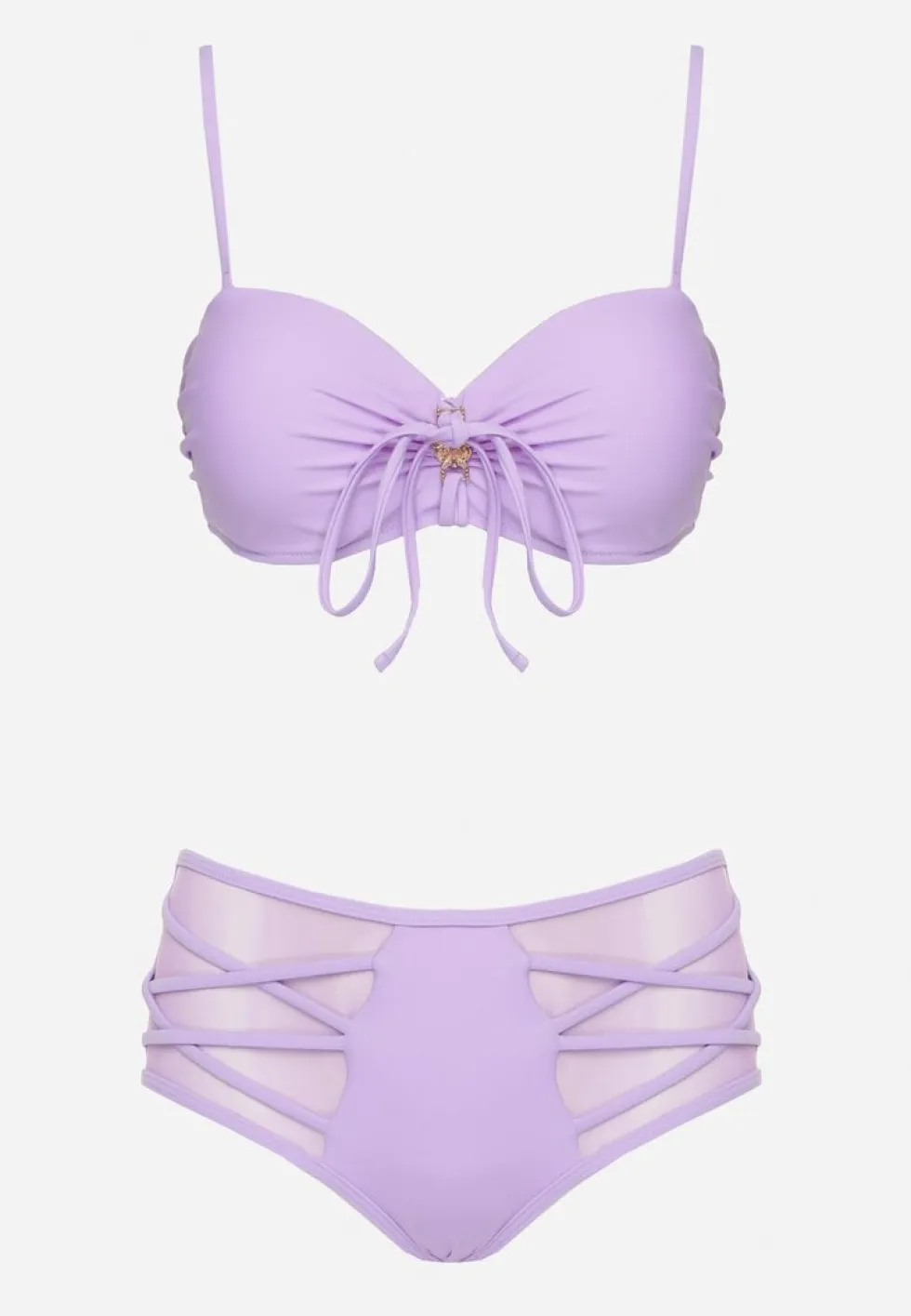 Fioletowe Bikini Biustonosz i Majtki Figi High Waist z Siateczkowymi Zdobieniami Kinovia