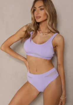 Fioletowe Bikini Biustonosz i Majtki Typu Figi Zdobione Siateczką Natelina
