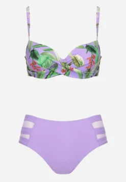 Fioletowe Bikini Biustonosz w Liście i Majtki Figi z Siateczkowymi Wstawkami Kinalea