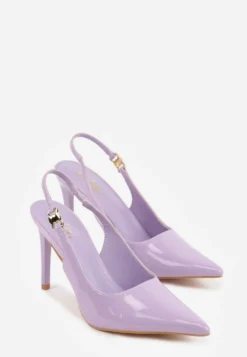 Fioletowe Sandały Slingback na Szpilce z Lakierowanym Połyskiem i Aplikacją Phisvienne