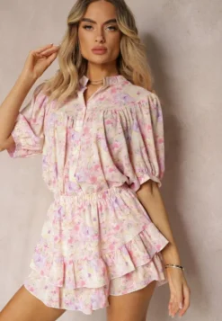 Fioletowe Spódnico-Szorty High Waist z Gumką w Pasie i Falbanką Gleiana