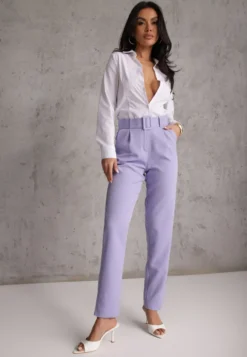 Fioletowe Spodnie Garniturowe High Waist z Paskiem Wenus