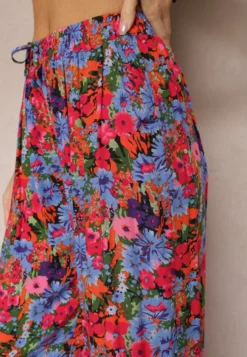 Fioletowo-Różowe Wiskozowe Spodnie z Prostą Nogawką High Waist w Kwiatowy Wzór Zaranima